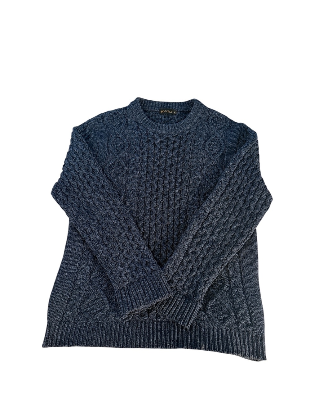 Botvela Men's Blue Cable Knit Sweater Size L Chunky Fisherman Crewneck